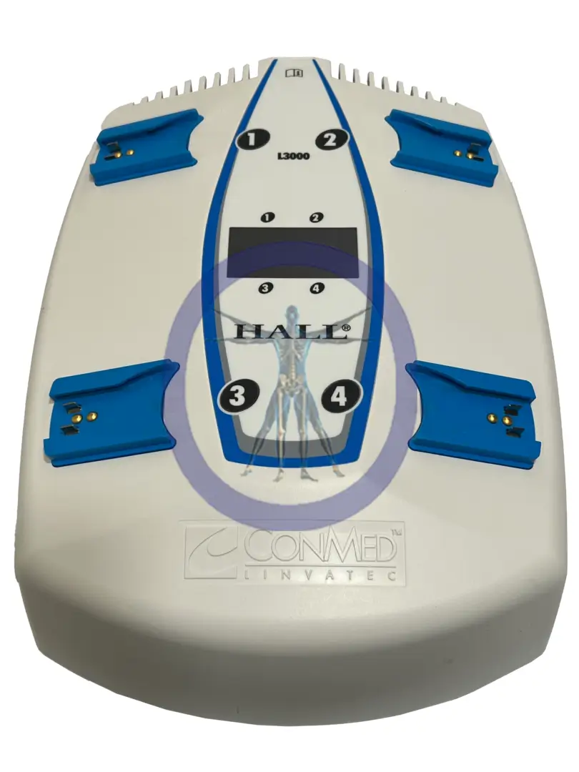 Front view of a Hall Micro Free L3000 Lithium Battery Charger medical device with control buttons and blue side panels.