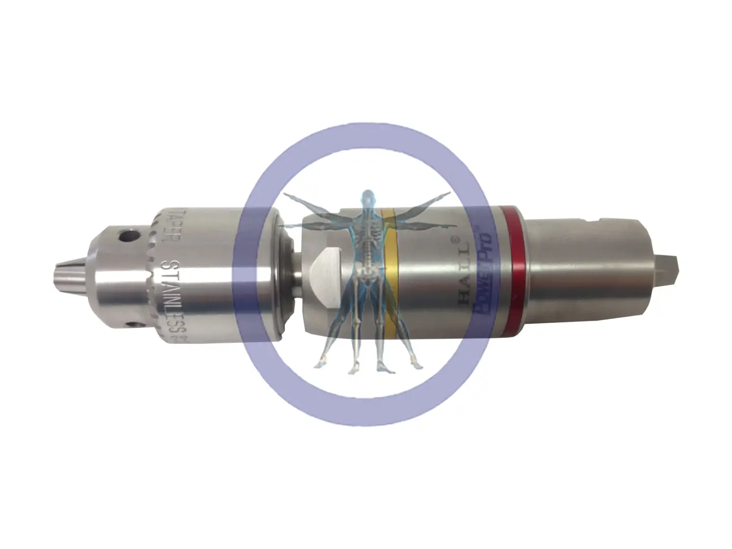 A Conmed/Hall PRO2042 1/4″ High Torque Jacobs Chuck Attachment positioned between the segments of a metal cylindrical device, symbolizing technological precision in medicine.