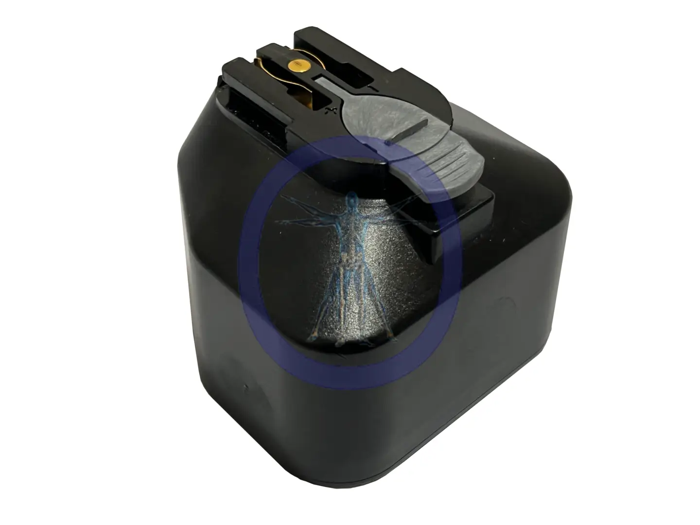 Black Hall PRO3010 9.6V Battery cartridge with a visible circuit and toner compartment, featuring a blue circle highlighting internal damage.