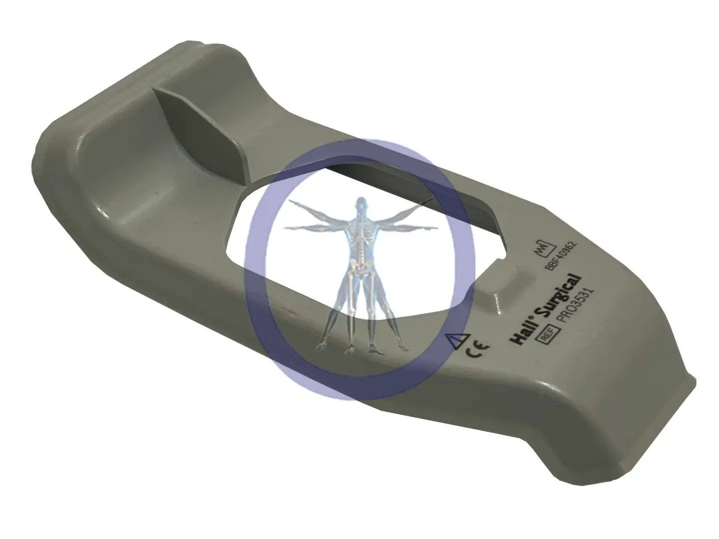 Hall PRO3531 Aseptic Battery Transfer Shield for measuring bone density, featuring a human skeleton graphic inside a blue circle on its surface.