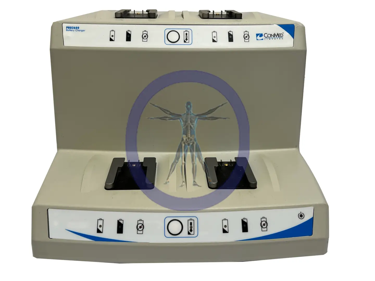 Vintage Hall PRO3600 Battery Charger with a holographic image of leonardo da vinci’s vitruvian man displayed on the paper area.