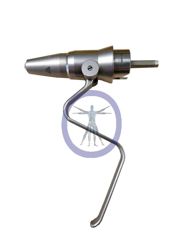 A Conmed/Hall PRO5020-028 Wire Collet 0.7mm – 1.6mm Attachment with an ergonomic handle and a small transparent window featuring a human skeleton graphic.