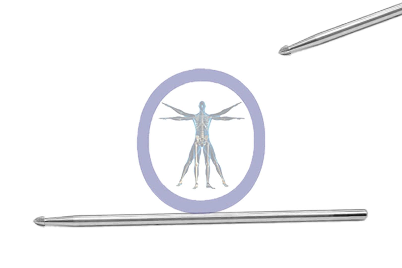 Illustration of the Acorn Bur 1.0 MM 6 Flute Stainless Steel Long Stryker J-Notch by leonardo da vinci, centered in a purple circle, with two metal rods positioned above and below the circle.
