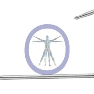 Illustration of a Acorn Bur 4.0 MM 8 Flute Stainless Steel Long Straight Shaft human skeleton framed within a circular blue and lavender frame, accompanied by two metal rods on either side.