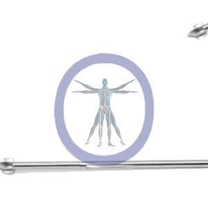 Illustration of a human body within a circular frame, flanked by two Acorn Bur 5.0 MM 8 Flute Stainless Steel Long Straight Shafts, conveying a medical or scientific theme.