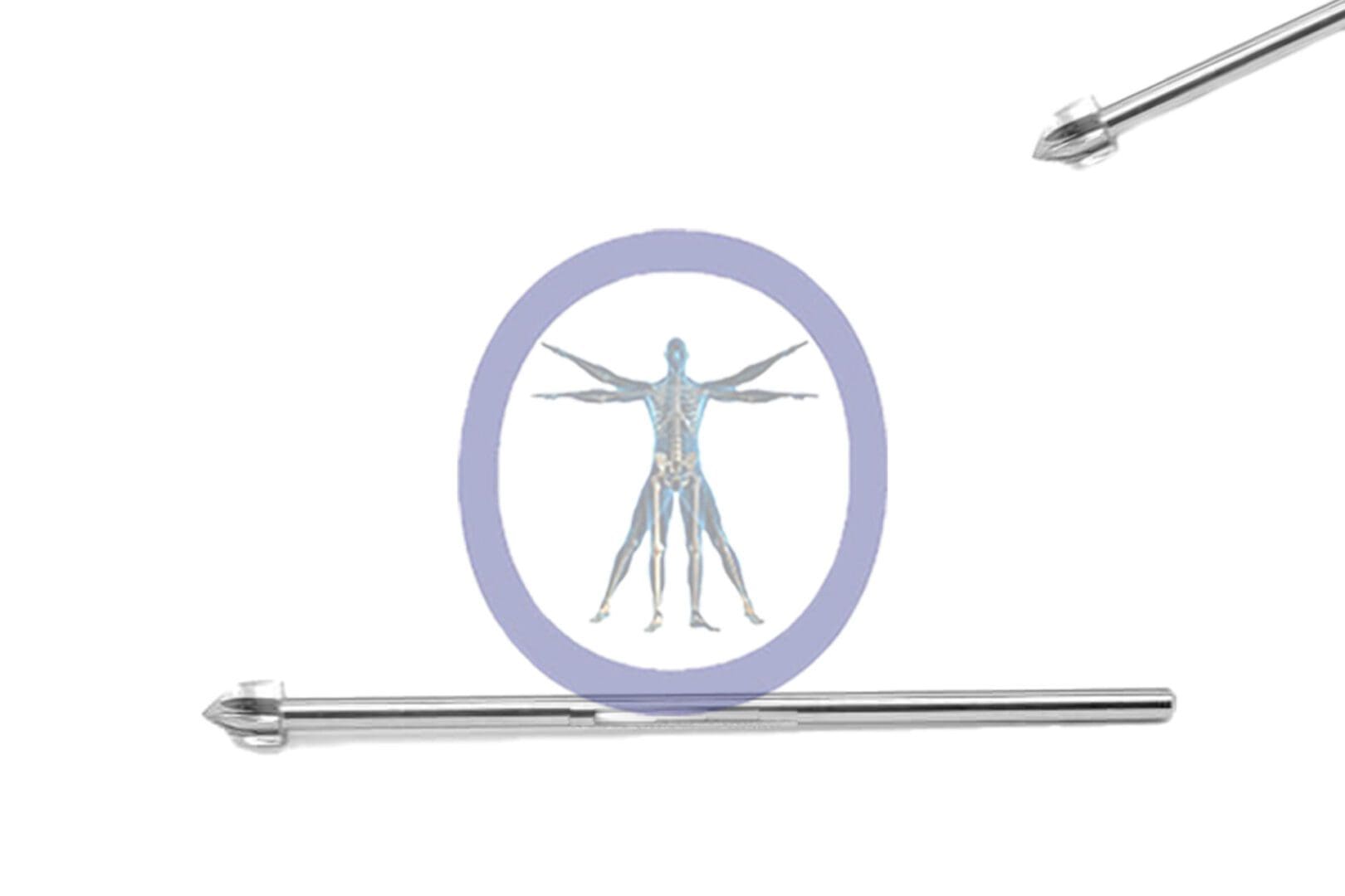 Illustration of a human body within a circular frame, flanked by two Acorn Bur 5.0 MM 8 Flute Stainless Steel Long Straight Shafts, conveying a medical or scientific theme.