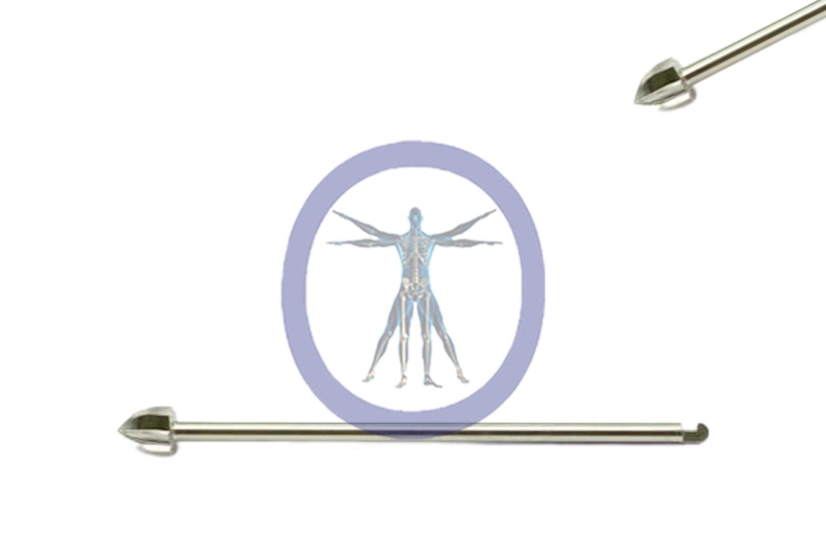 An illustration of the Acorn Bur 6.0 MM 8 Flute Stainless Steel Long Stryker J-Notch in a purple circle, flanked by two metal arrows pointing towards it from opposite sides.