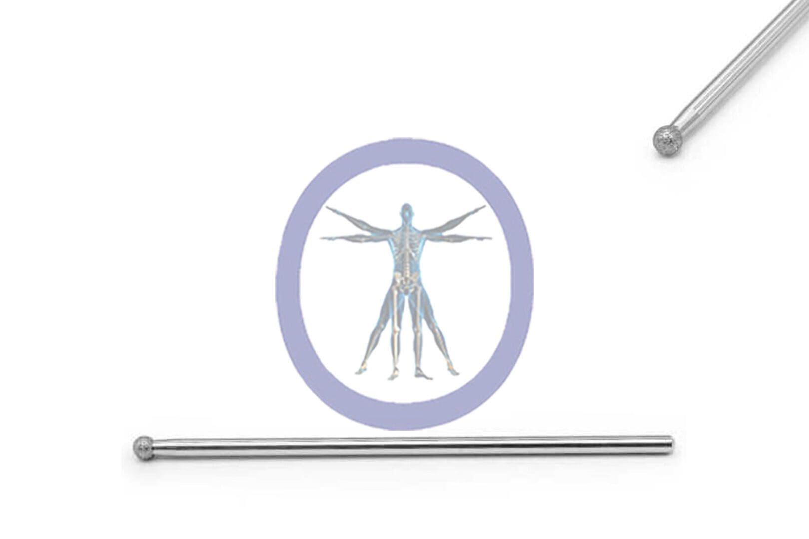 Illustration of a human anatomy diagram within a Round 3.5 MM Diamond Straight Shaft Long – OSSD3570 circle, flanked by two horizontal metal rods on a white background.