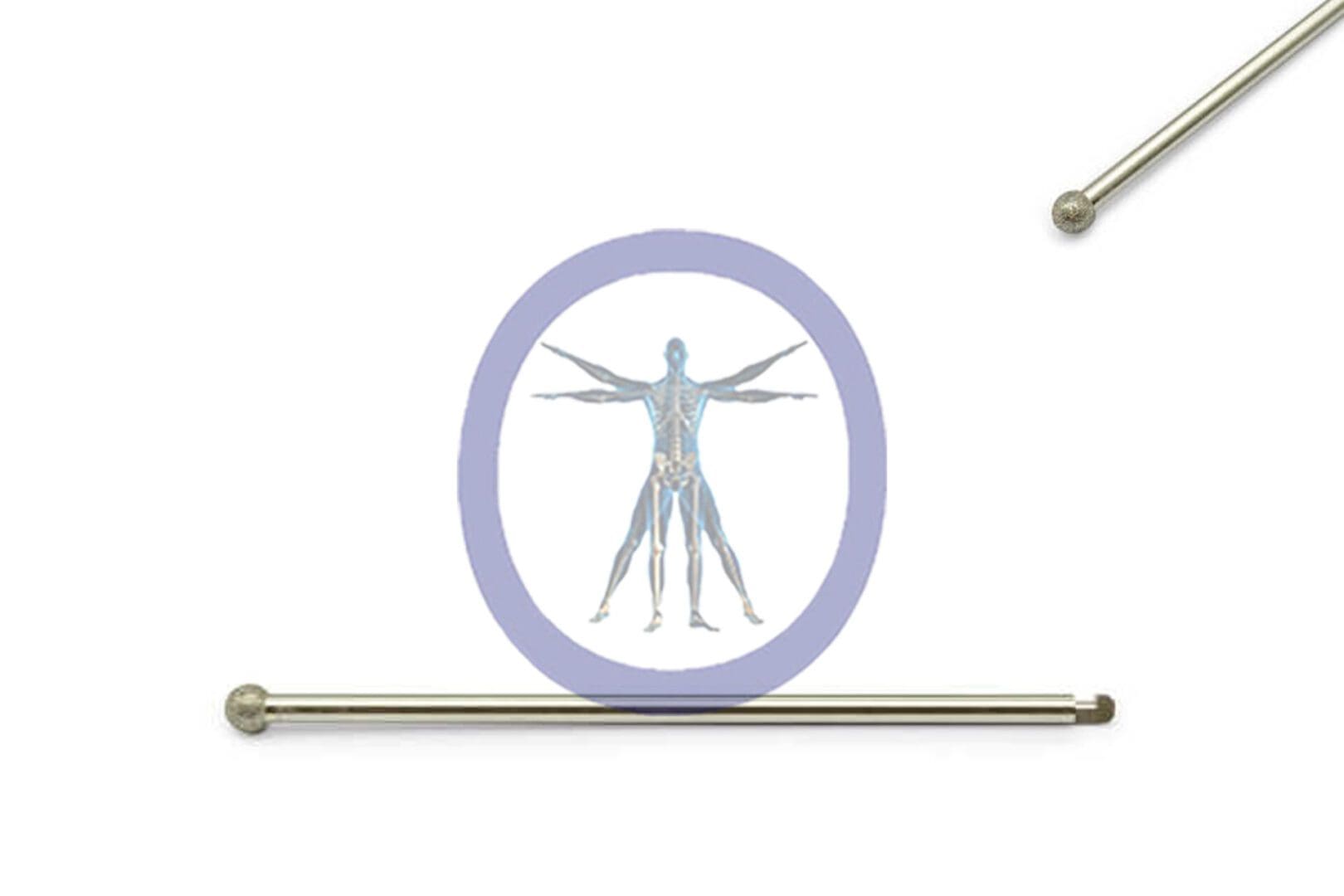 Illustration of a human anatomy body within a purple circle, positioned between two Round 3.5 MM Diamond J-Notch Long – OSSD3570N with spherical ends.