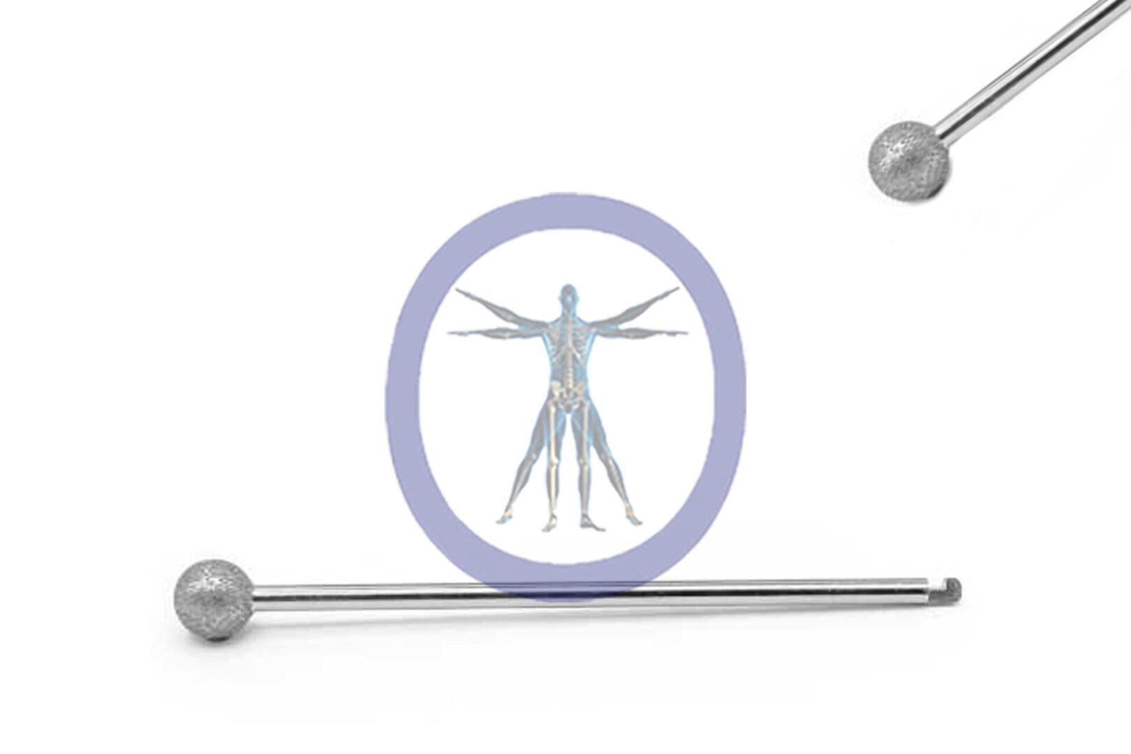 Illustration of a human anatomy sketch in a circle, flanked by two Round 7.0 MM Diamond J-Notch Long – OSSD7070N with spherical ends, on a white background.