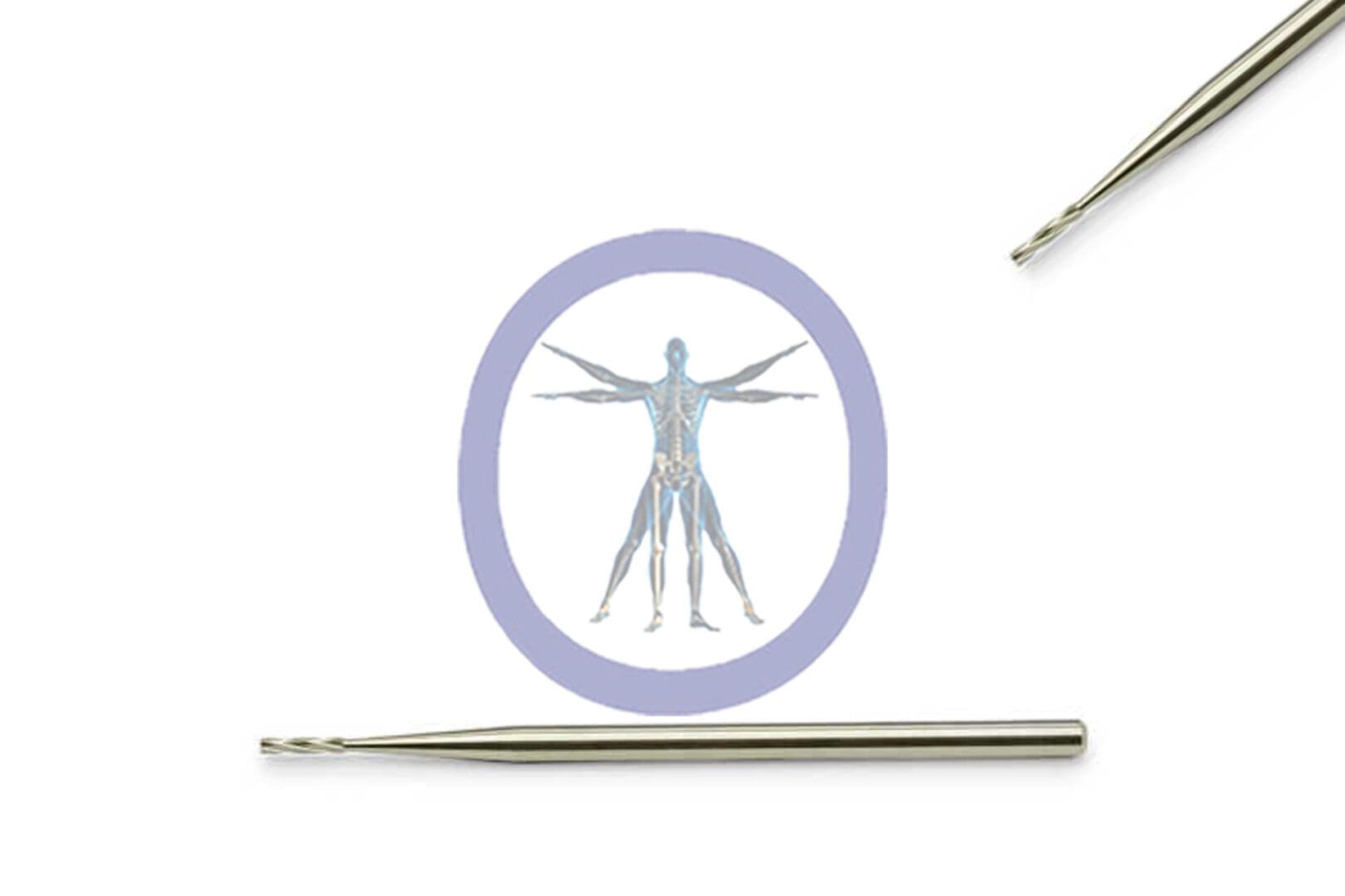 Illustration of a human anatomy diagram (vitruvian man style) inside a purple circle, with two Side Cutting Bur Straight 1.0 MM 6 Flute Carbide Medium Straight Shaft on either side, against a white background.
