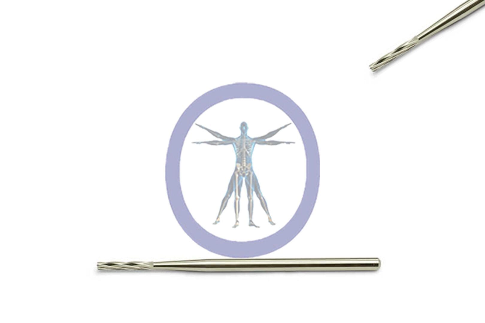 Illustration of the Side Cutting Bur Tapered 1.6 MM 6 Flute Carbide Medium Straight Shaft in a purple circle, surrounded by acupuncture needles on a white background.