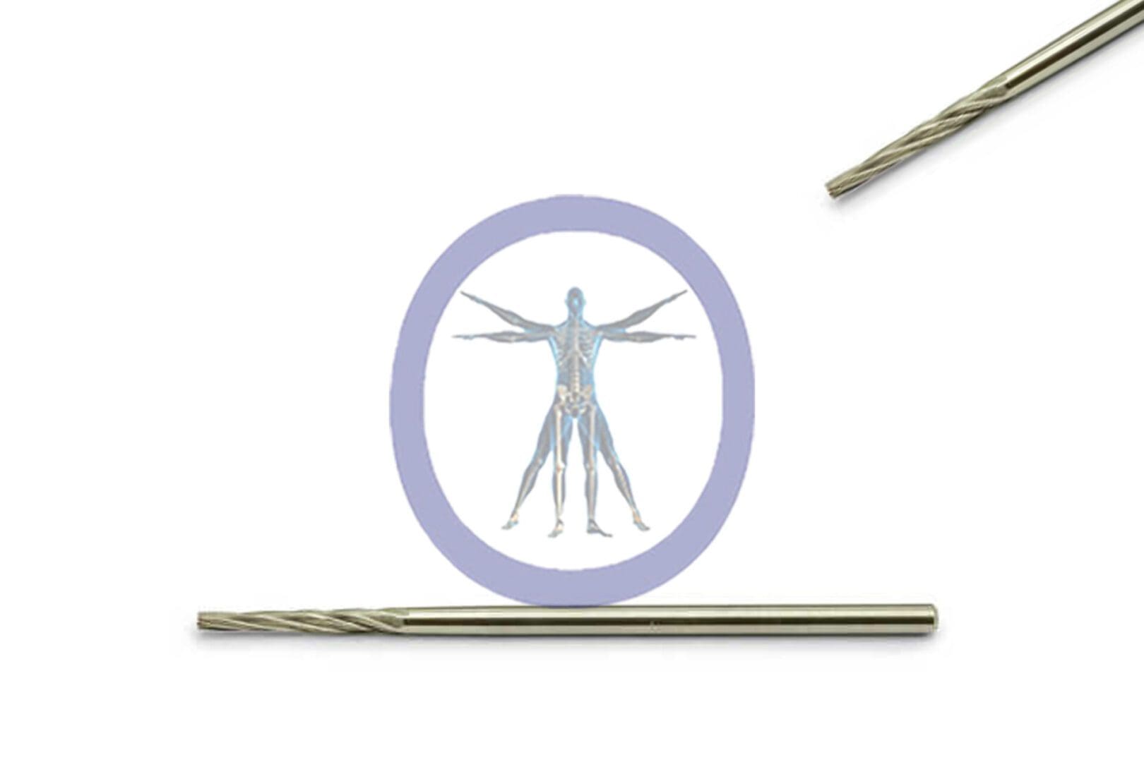 A medical illustration of the human muscular system within a purple circle, flanked by two Side Cutting Bur Tapered 2.0 MM 6 Flute Carbide Medium Straight Shaft on a white background.