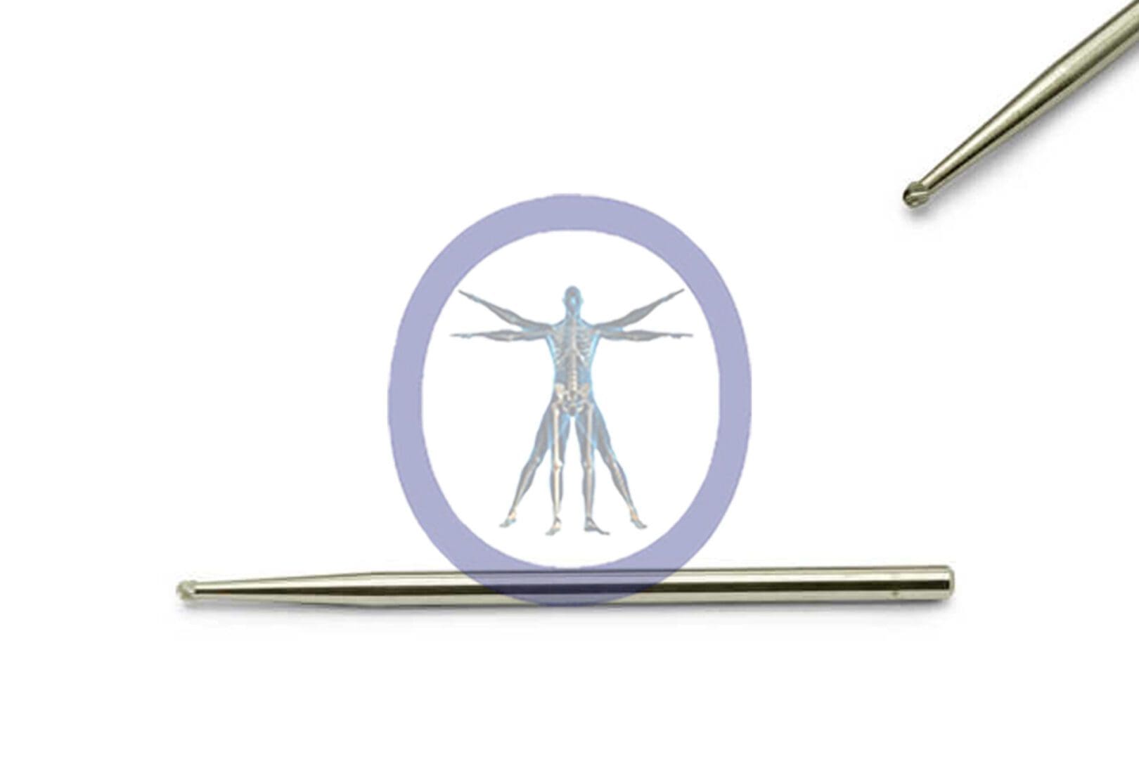 Anatomical illustration of a human body within a circular frame, accompanied by two Round Bur 2.0 MM 6 Flute Carbide Medium Straight Shaft – OSSH-124 on a white background.