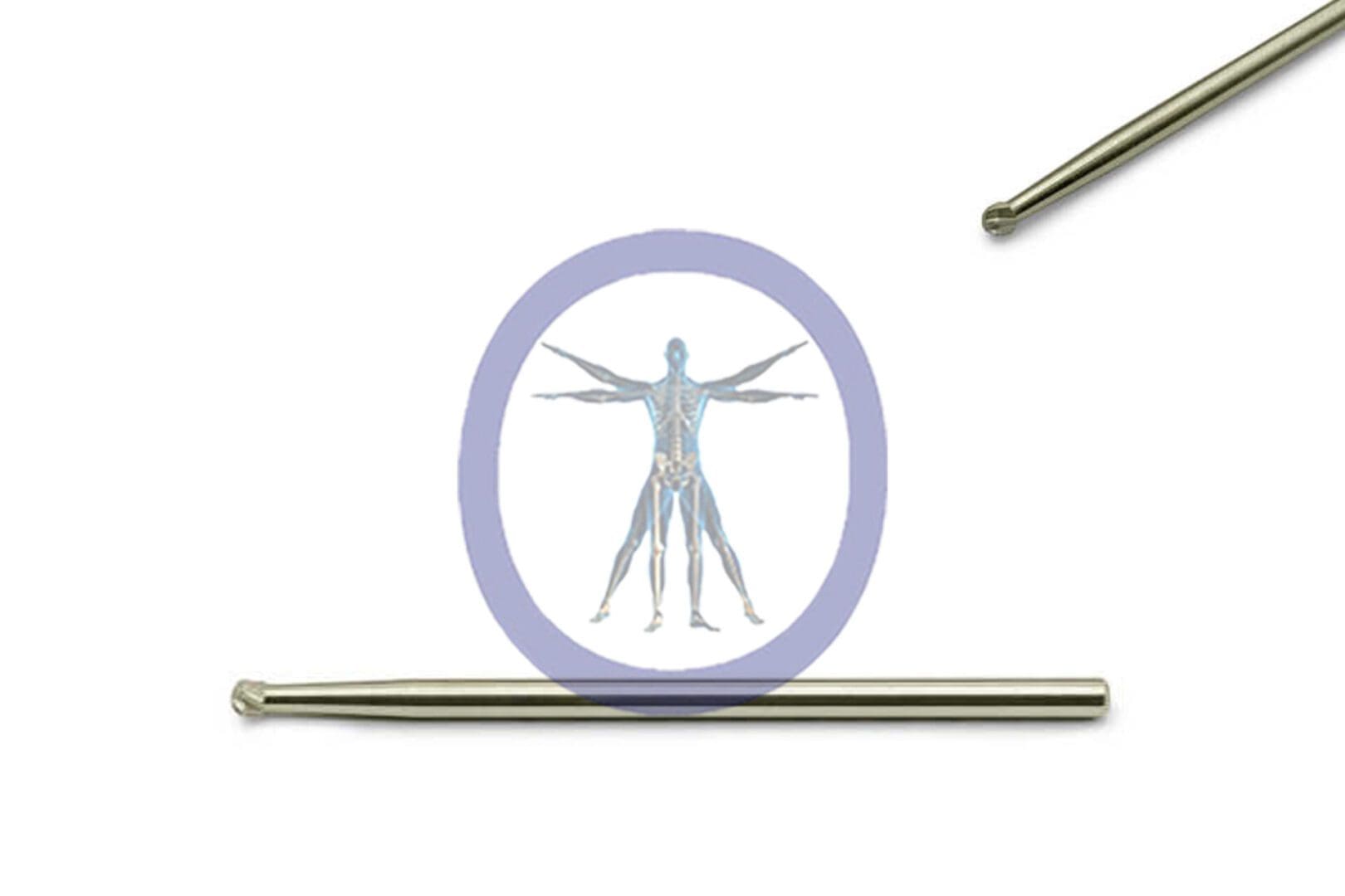 A vitruvian man diagram inside a  Round Bur 2.4 MM 6 Flute Carbide Medium Straight Shaft – OSSH-125 circle, flanked by two metallic ballpoint pens, isolated on a white background.