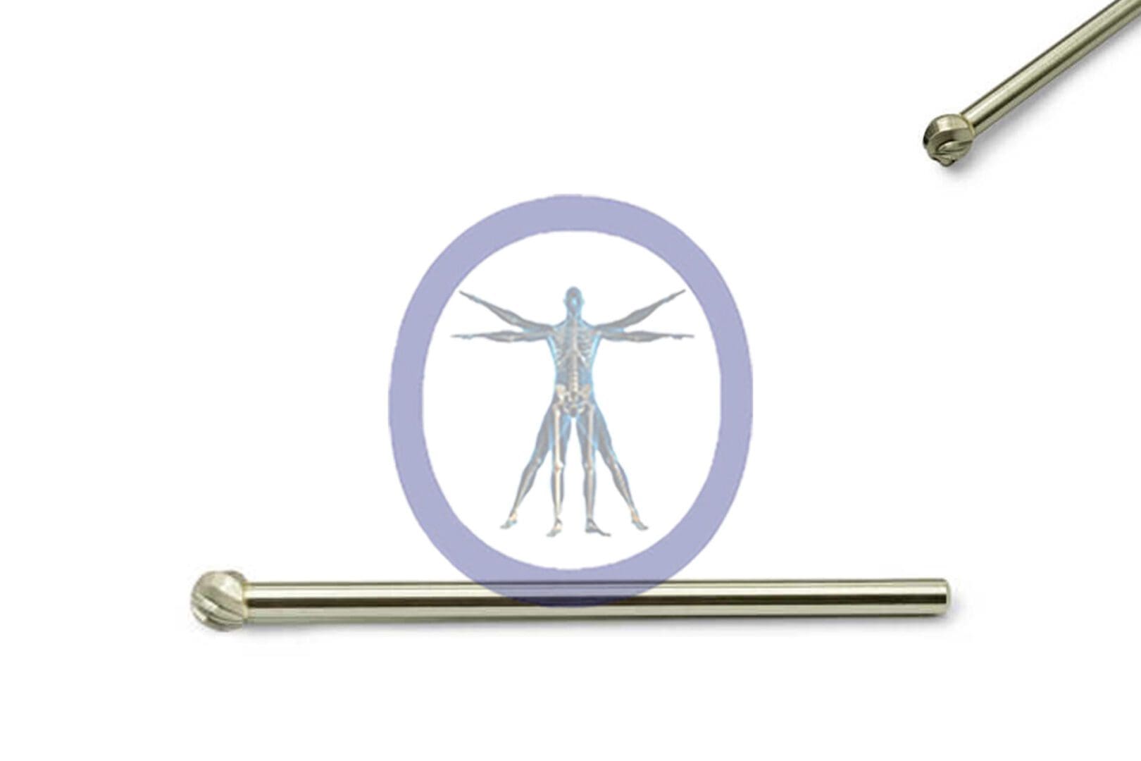 Illustration of the Round Bur 5.0 MM 8 Flute Carbide Medium Straight Shaft – OSSH-130 inside a purple circle, flanked by two horizontal metal rods, on a white background.