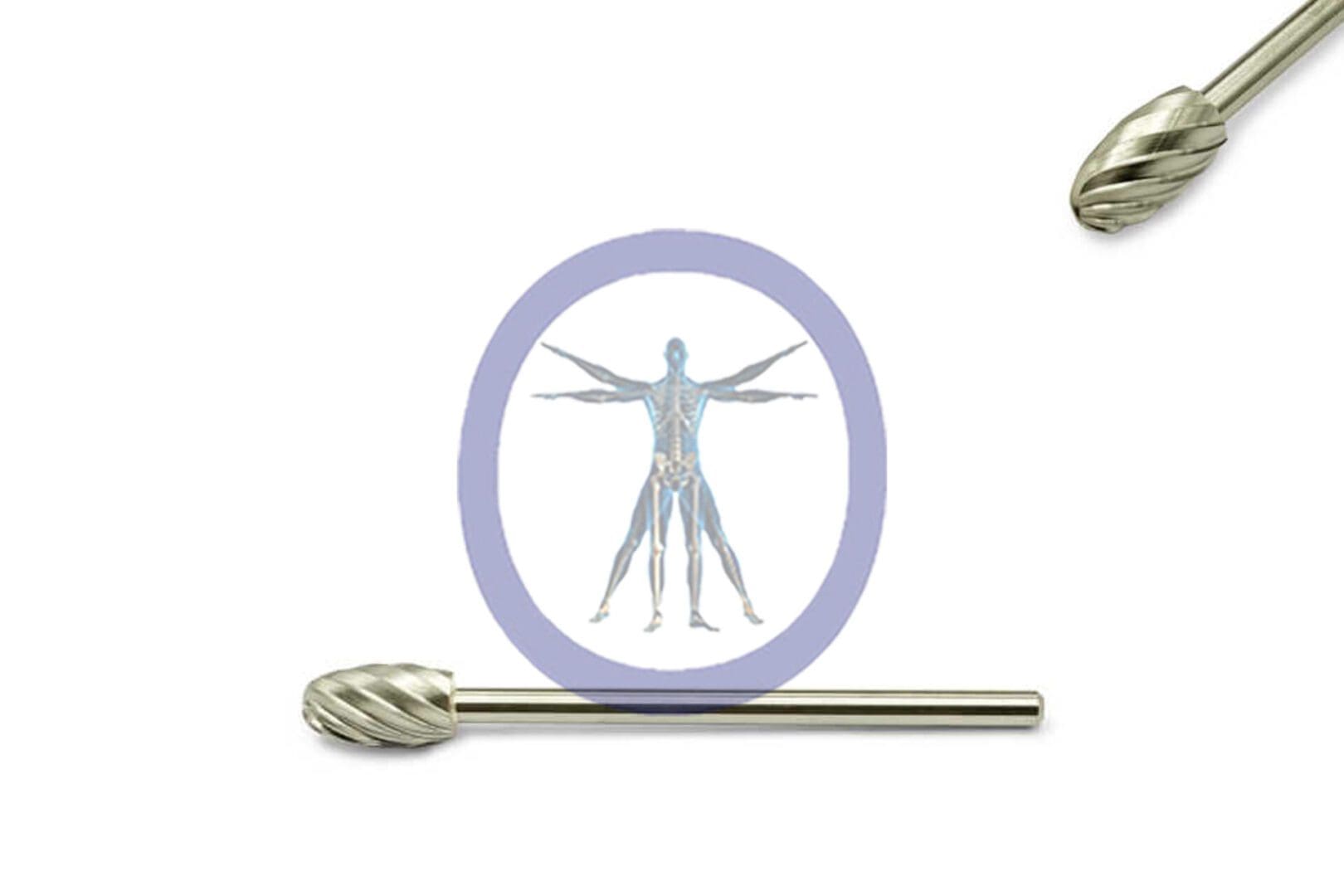 Two Oval Bur 5.5 MM 10 Flute Carbide Medium Straight Shaft on a white background, one with a vitruvian man illustration in its circular center.