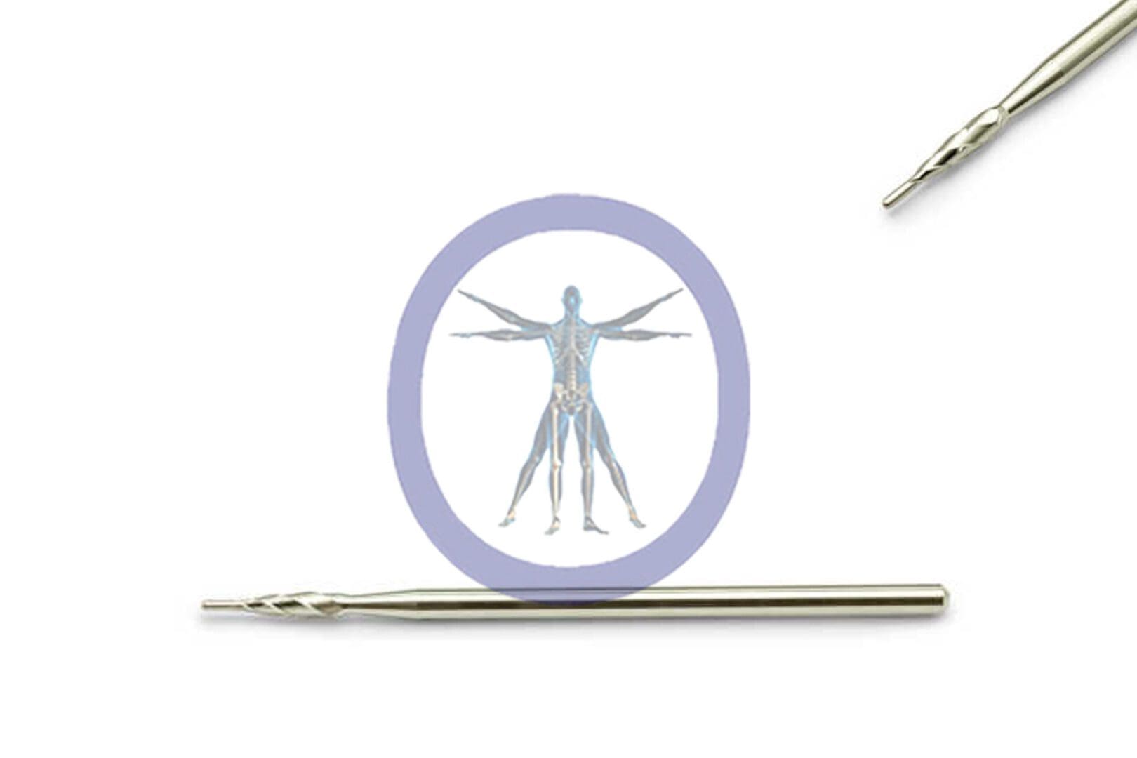 A Swanson Bur Pilot Point 2.0 MM 4 Flute Stainless Steel Medium Straight Shaft illustration within a purple circle, flanked by two silver pens, set against a white background.