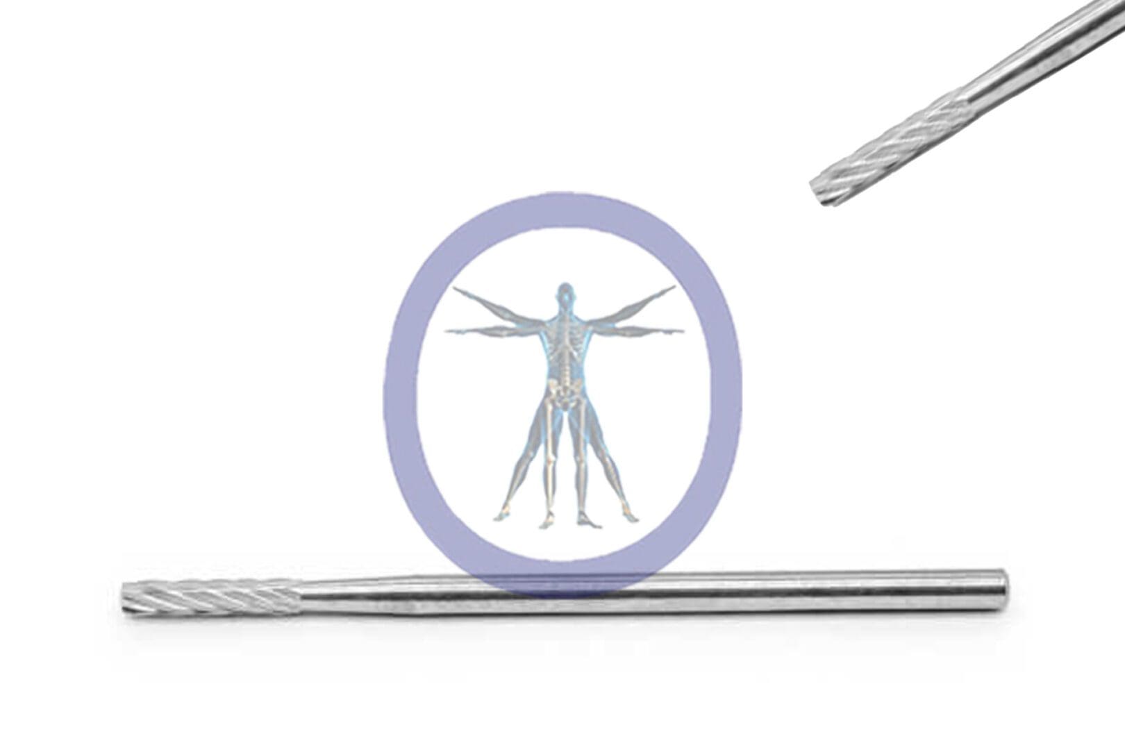 A vitruvian man illustration inside a blue circle, flanked by two Barrel Bur 2.0 MM 8 Flute Carbide Medium drill bits on a white background.
