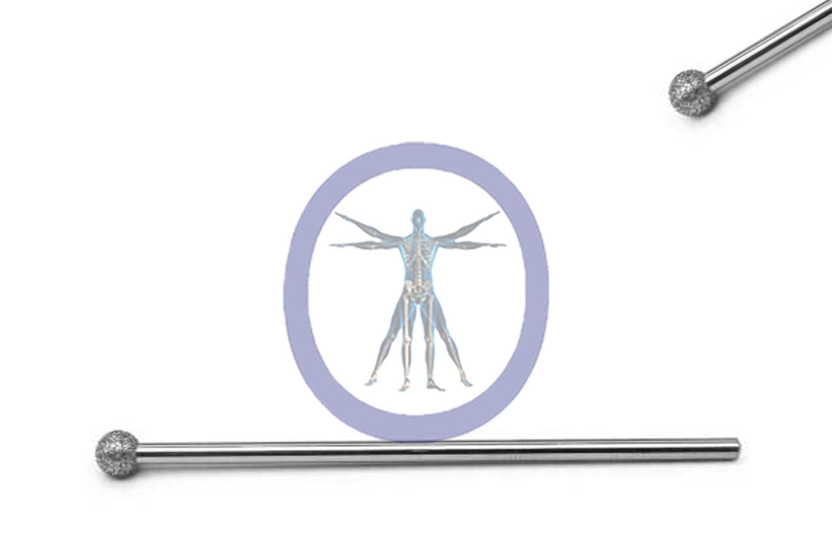 Illustration of a Round Bur 6.0 MM Diamond Long Straight Shaft – OSSH-268 centered in a purple circle, flanked by two horizontal metallic rods with textured ends.
