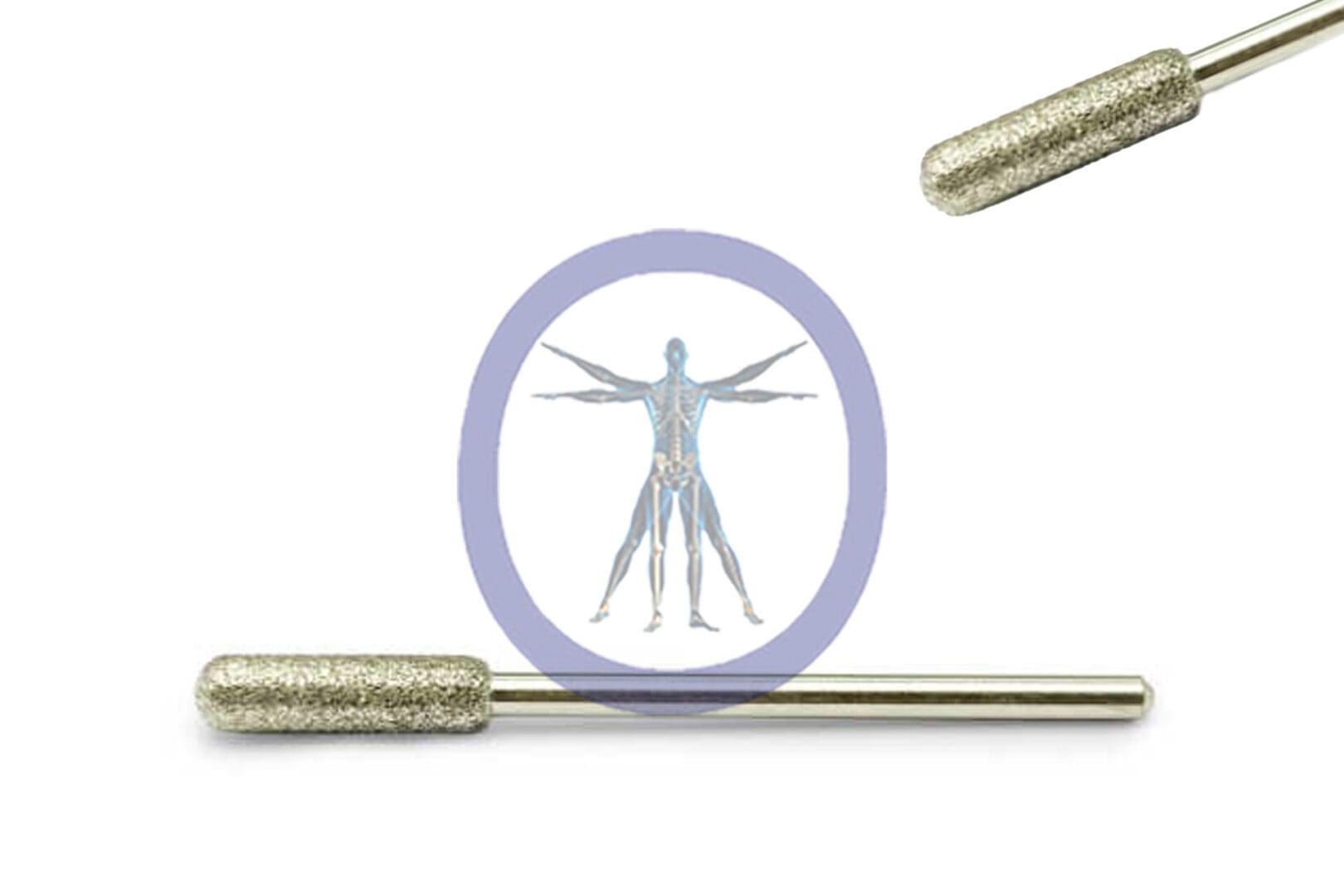 Dermabrader 4.0 MM Diamond Straight Shaft Medium focusing on a silver humanoid figure with extended arms and legs, flanked by two metallic rods with textured surfaces.