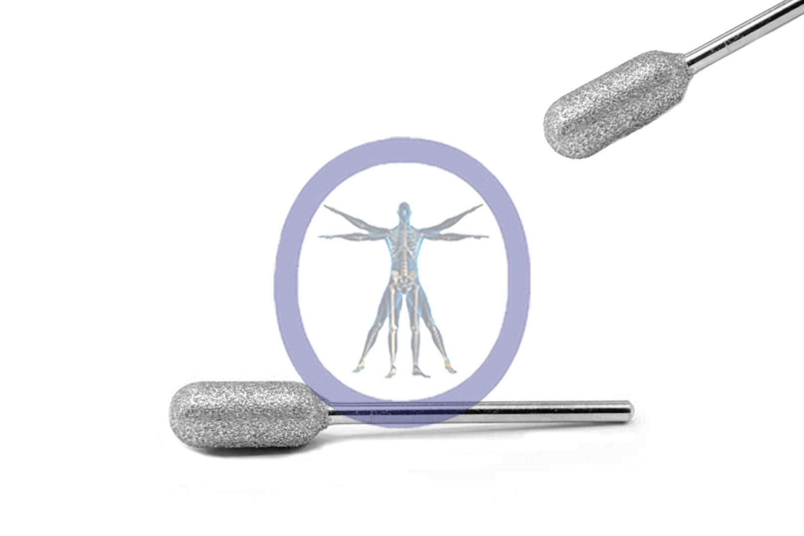 Two Dermabrader 7.0 MM Diamond Straight Shaft Medium with textured handles next to a circular illustration of a human skeletal system in a standing pose with arms spread.