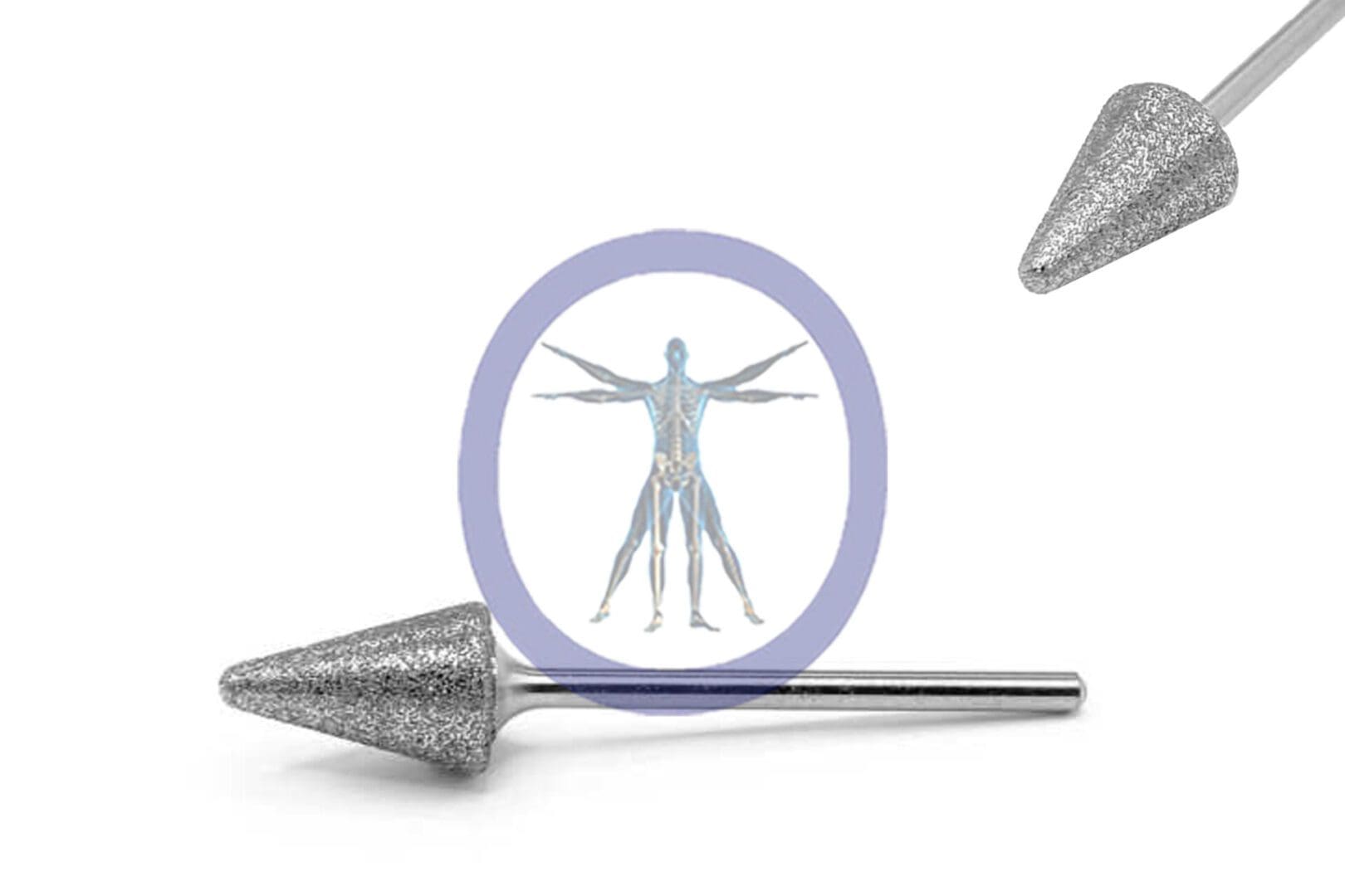 A Dermabrader 10.0 MM Diamond Cone Straight Shaft Medium inspecting an x-ray of a human, with two metallic, cone-shaped objects on either side.