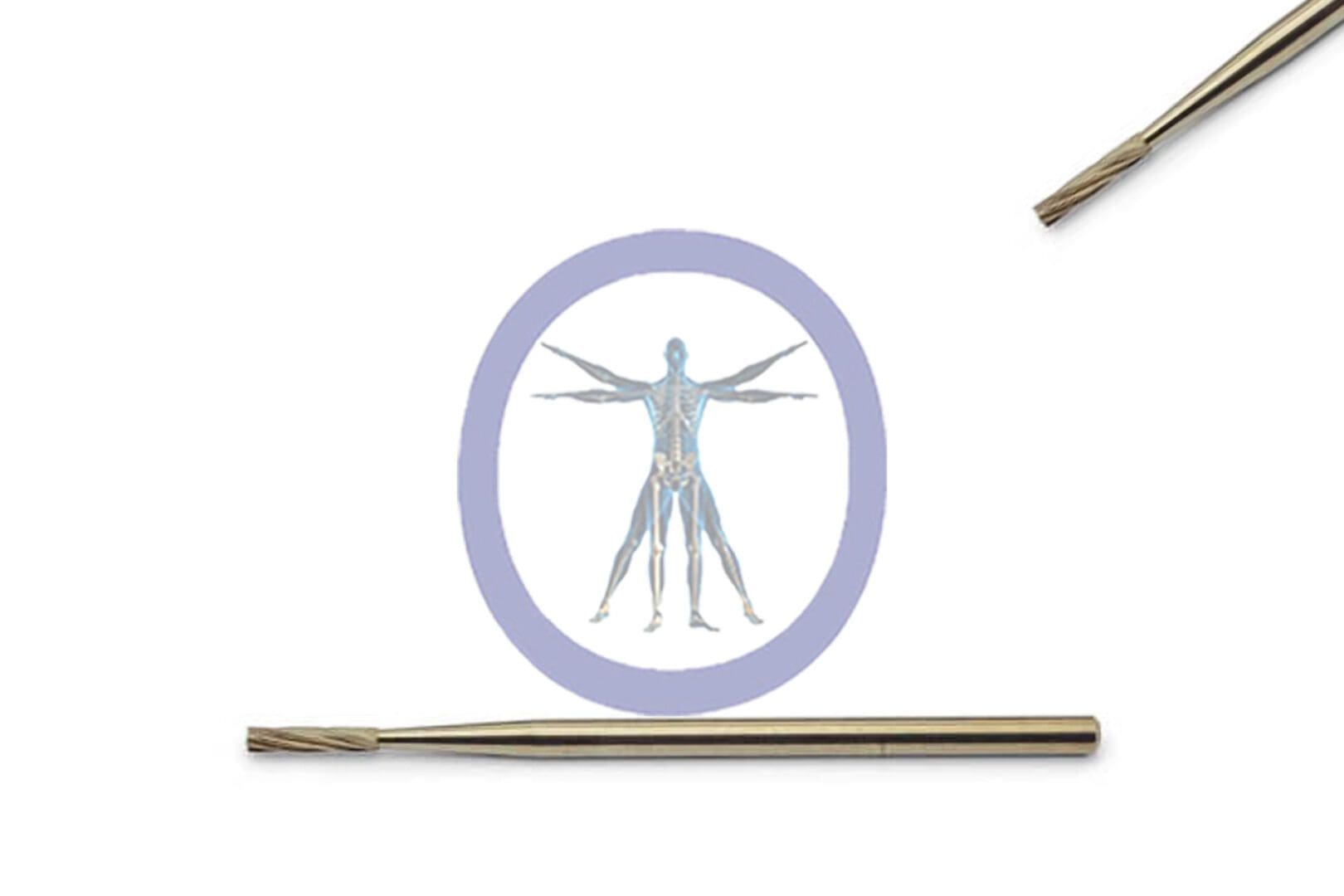 An illustration of the Side Cutting Bur, Straight 1.5 MM 6 Flute Carbide Straight Shaft Long inside a purple circle, flanked by two wooden chopsticks on a white background.