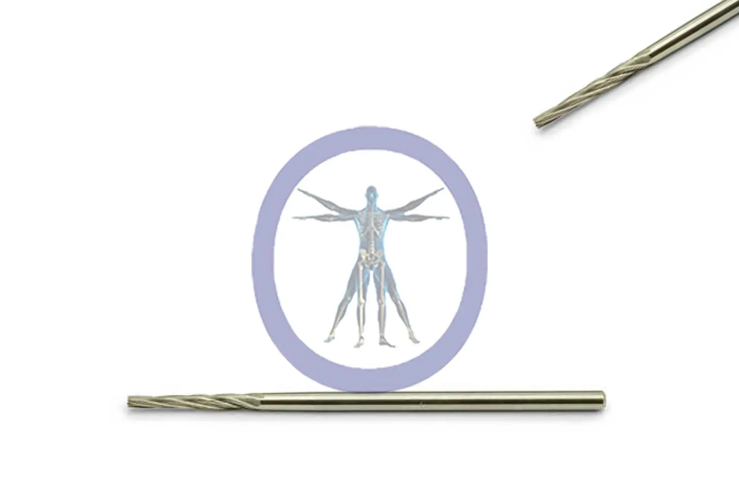 Illustration of the Side Cutting Bur, Tapered 2.0 MM 6 Flute Carbide Straight Shaft Long in a circular frame, flanked by two metal rods on a white background.