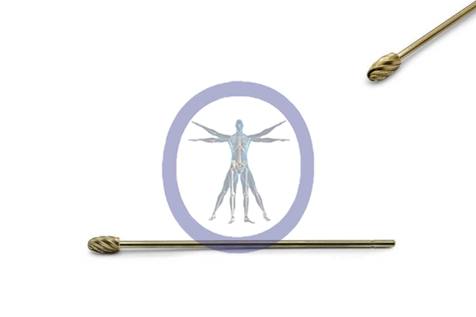 A medical illustration of a human body inside a magnifying glass, flanked by two Oval Bur 5.5 MM 10 Flute Carbide Long Straight Shaft on a plain background.