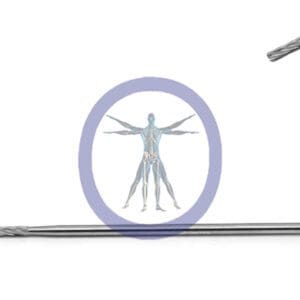 Illustration of a vitruvian man inside a circular frame, flanked by two Barrel Bur 2.0 MM 8 Flute Carbide Long on a white background.