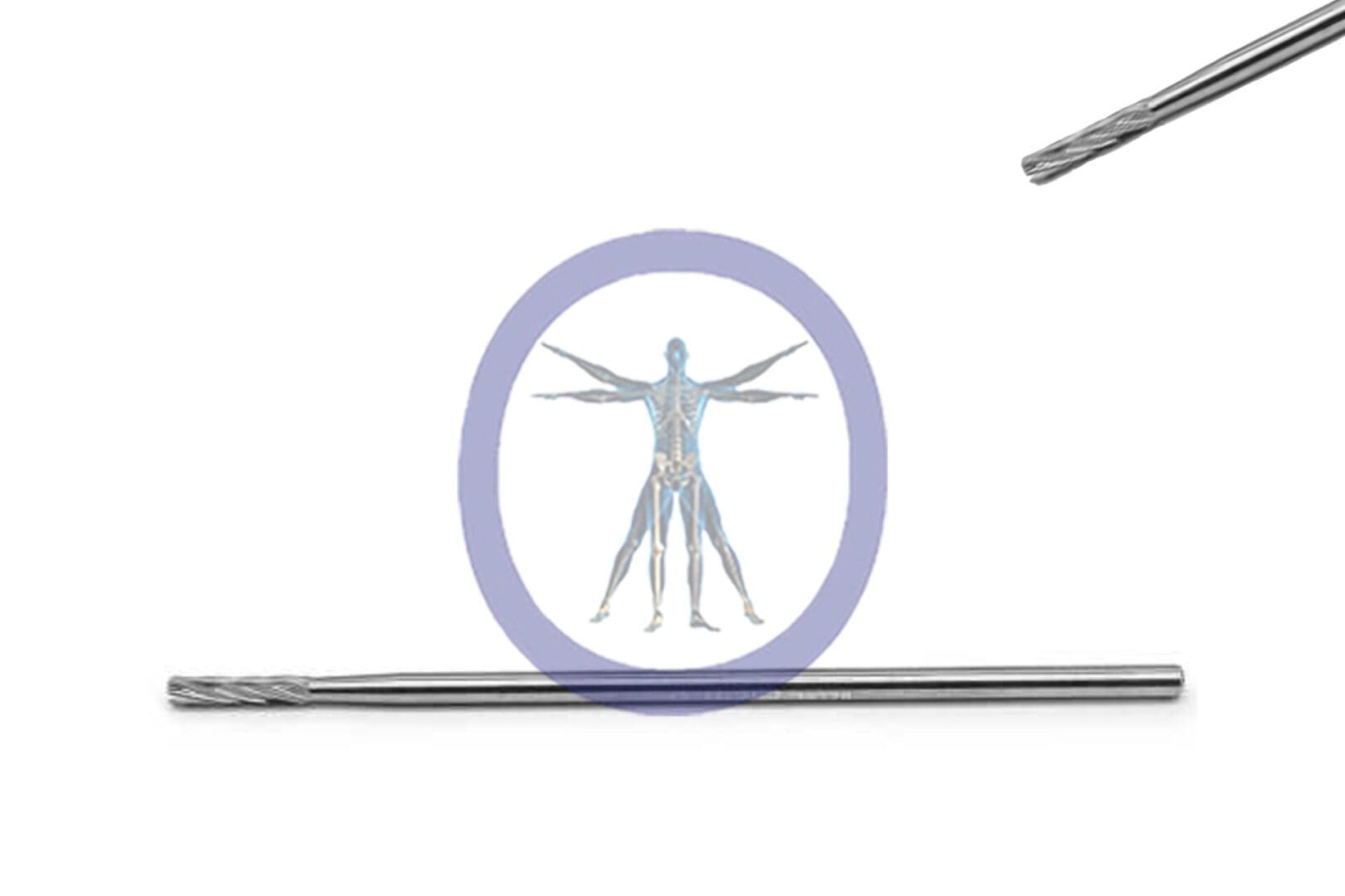Illustration of a vitruvian man inside a circular frame, flanked by two Barrel Bur 2.0 MM 8 Flute Carbide Long on a white background.