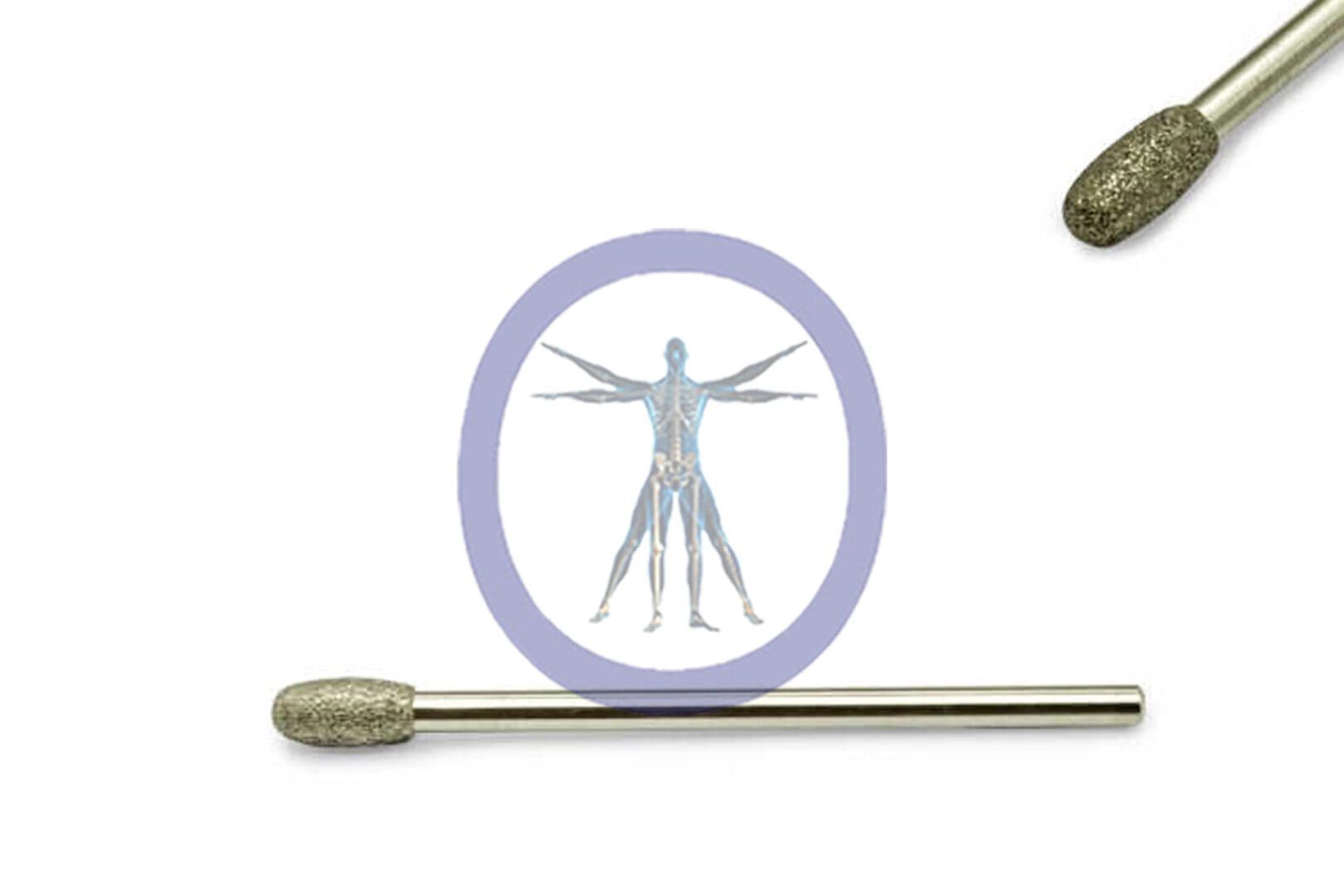 Two Oval Bur 4.0 MM Diamond Long Straight Shaft with a human anatomy illustration inside a circular frame between them on a white background.