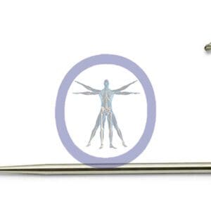 Round Bur 1.5 MM 6 Flute Carbide Extra Long – H-322 next to a badge featuring a da vinci vitruvian man design, isolated on a white background.