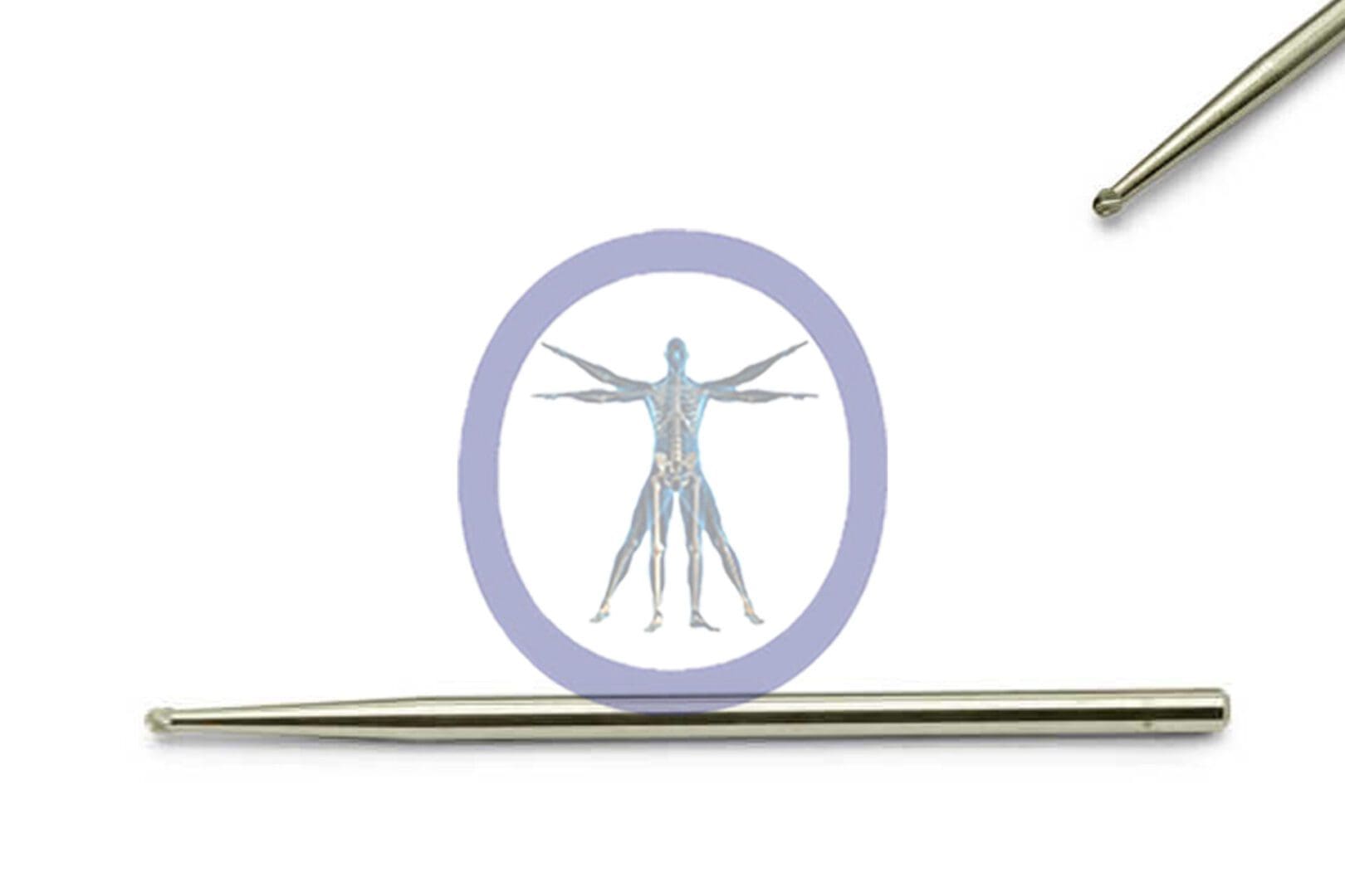 Round Bur 1.5 MM 6 Flute Carbide Extra Long – H-322 next to a badge featuring a da vinci vitruvian man design, isolated on a white background.