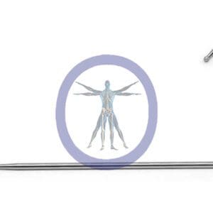 Illustration of a Round Bur 2.0 MM 6 Flute Carbide Extra Long Straight Shaft – OSSH-324 inside a purple circle, viewed through a magnifying glass, with a metal pointer on the right.
