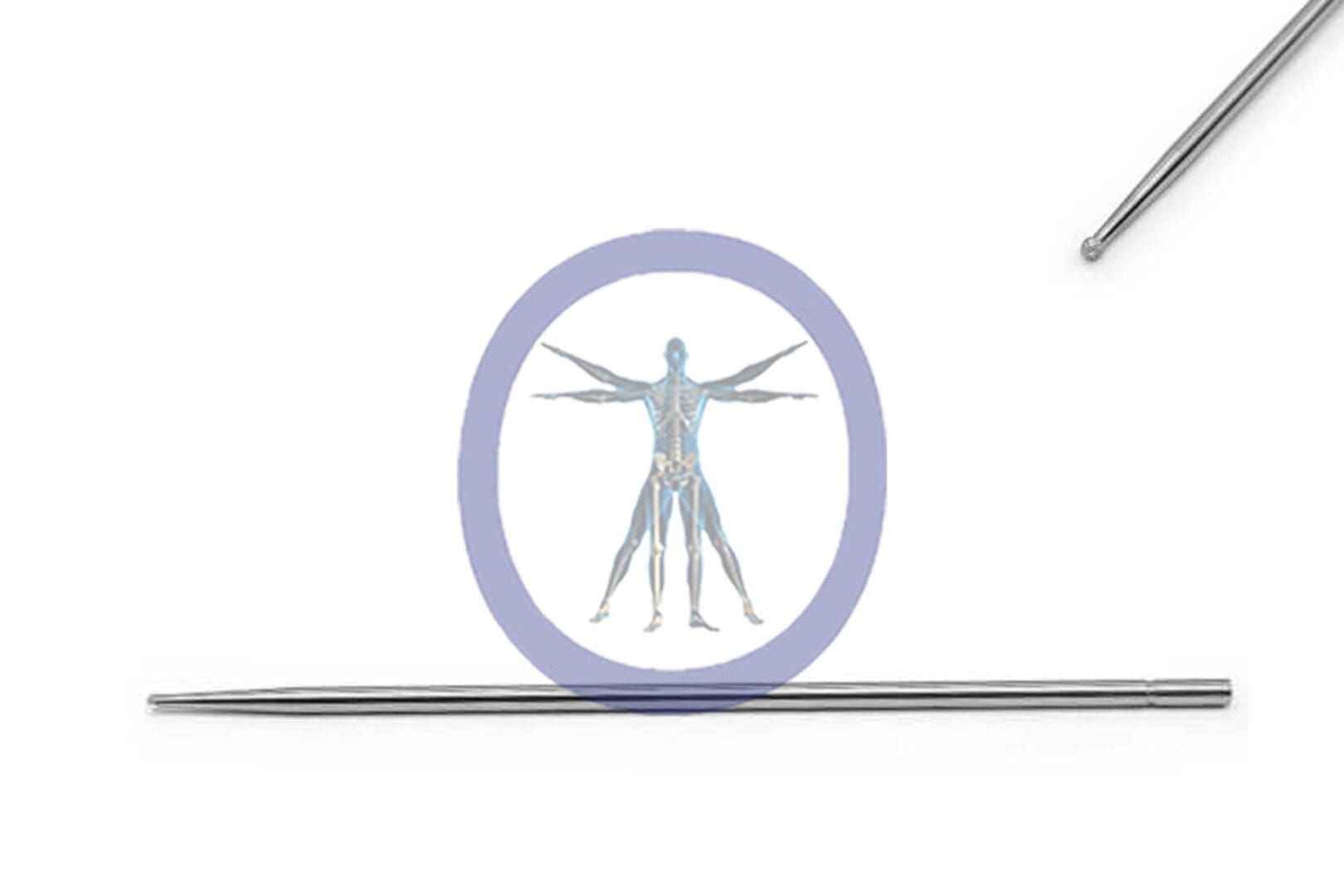 Illustration of a Round Bur 2.0 MM 6 Flute Carbide Extra Long Straight Shaft – OSSH-324 inside a purple circle, viewed through a magnifying glass, with a metal pointer on the right.