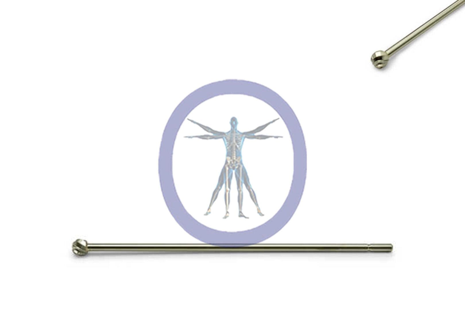 Illustration of Round Bur 5.0 MM 8 Flute Carbide Extra Long Straight Shaft – OSSH-330 in a light purple circle, positioned between two horizontal metal rods with spherical ends.