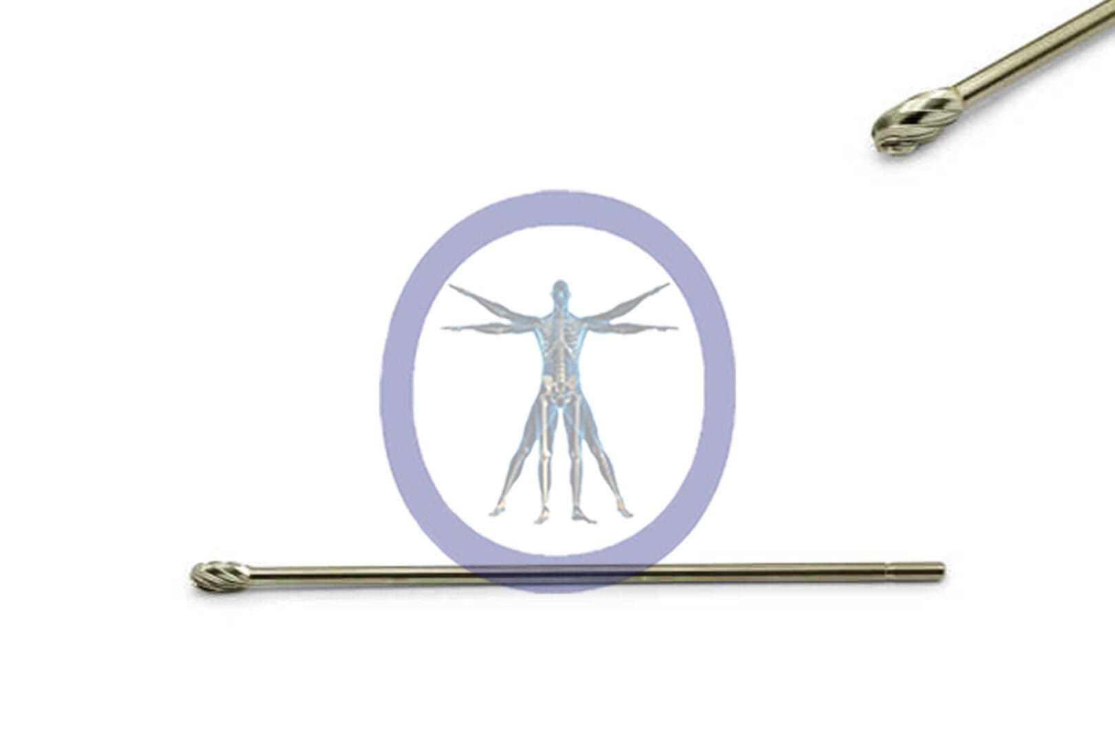 Illustration of a Oval Bur 4.0 MM 8 Flute Carbide Extra Long Straight Shaft within a purple circle, flanked by two metallic acupuncture needles on a white background.
