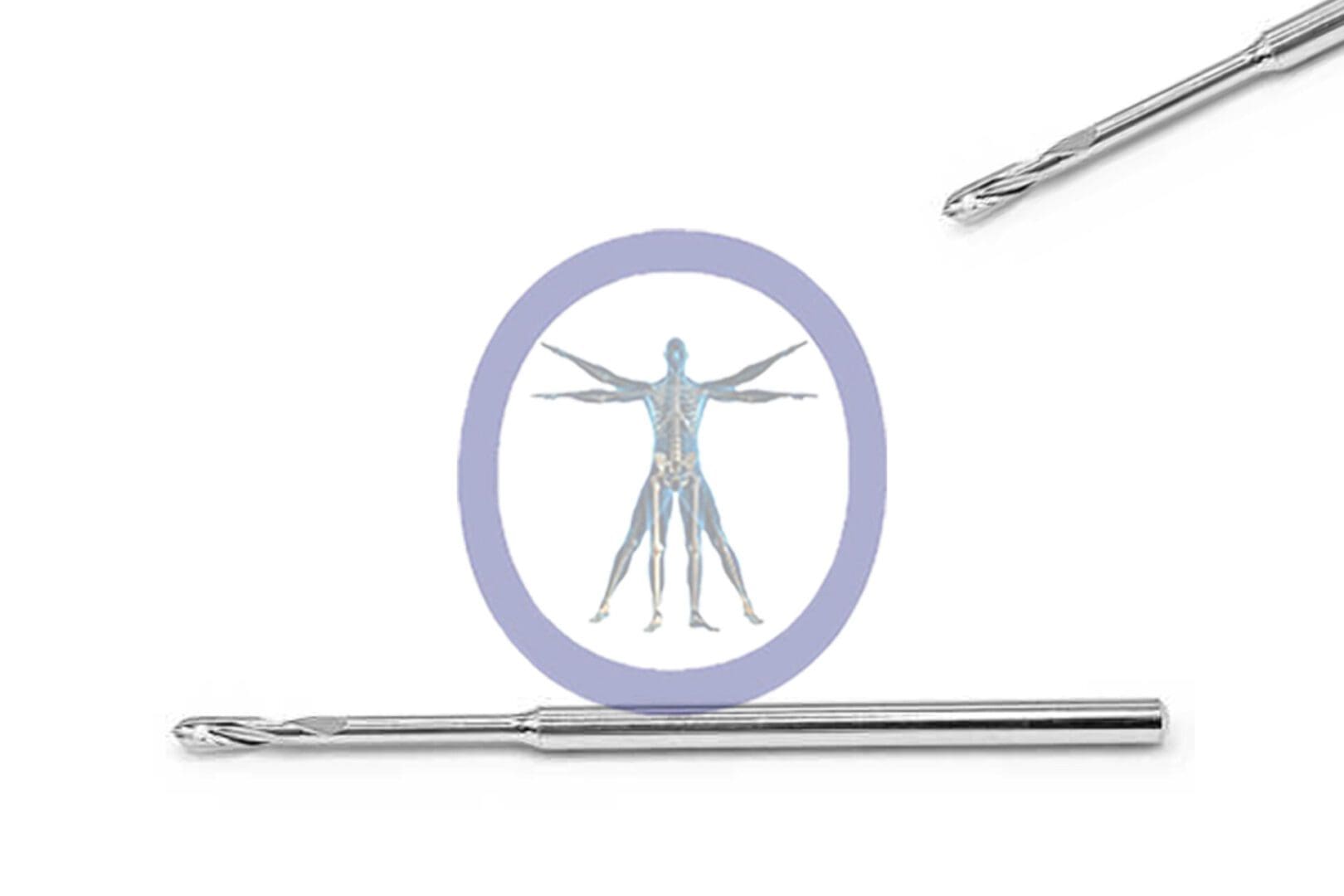 A vitruvian man illustration within a circular frame, centered between two Wire pass 1.0 MM 2 Flute Stainless Steel Straight Shaft Medium on a white background.