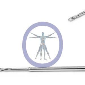 A medical syringe next to a Wire pass 1.5 MM 2 Flute Stainless Steel Straight Shaft Medium enclosed in a purple circle.