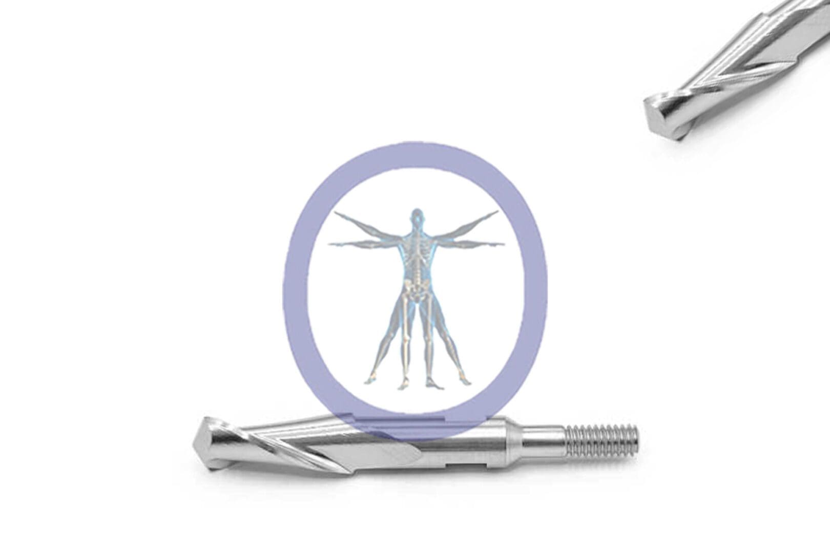 Round Bur 7.0 MM 10 Flute Stainless Steel Cebotome, Threaded focusing on a metallic human skeleton, surrounded by two large metal screws on a white background.