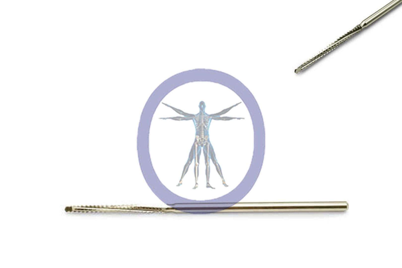 Illustration of the Lindemann Serrated Bur 1.7 MM 4 Flute Stainless Steel Stryker J-Notch in a lavender circle, flanked by two metallic pens, on a white background.