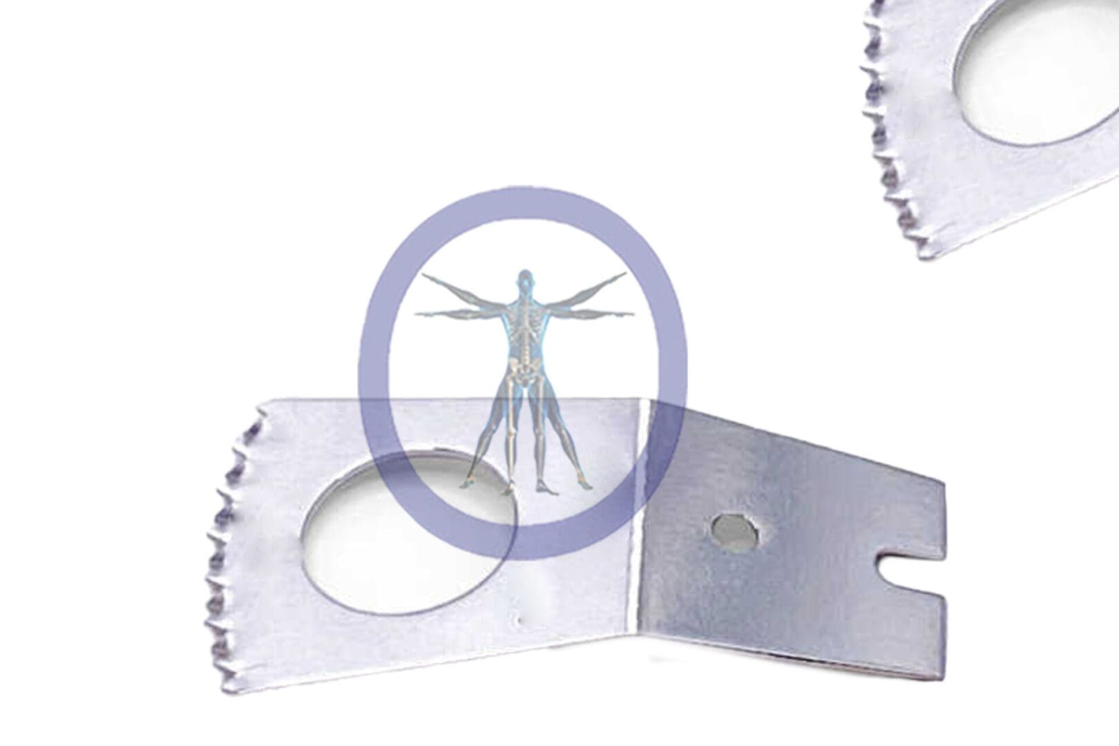 Graphic blending a 26.0 MM X 10.2 MM X 0.53 MM Small Bone Oscillating Blade, Angled Microaire Style – OSSMB-17002 design inside a magnifying glass with a saw blade in the background.