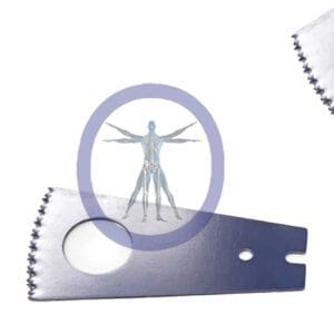 An image depicting a human anatomical figure overlayed within a circle, surrounded by two Small Bone Oscillating Blade Microaire Style – OSSMB-17003 on a plain background.
