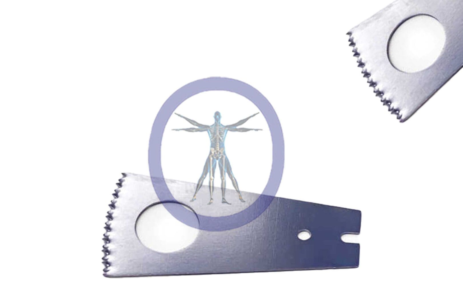 An image depicting a human anatomical figure overlayed within a circle, surrounded by two Small Bone Oscillating Blade Microaire Style – OSSMB-17003 on a plain background.