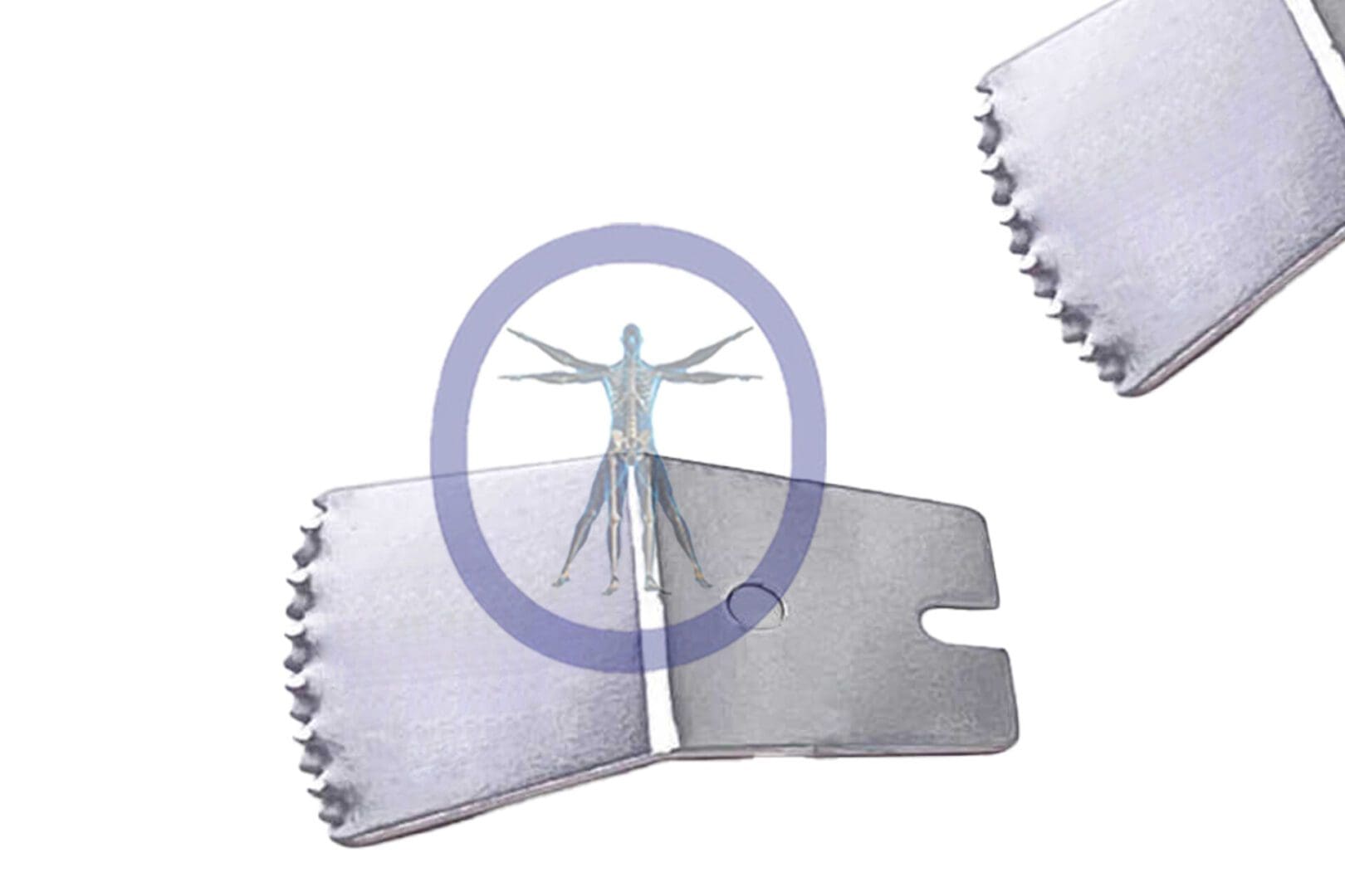 A 26.0 MM X 10.0 MM X 0.53 MM Small Bone Oscillating Blade, Angled Microaire Style - OSSMB-17010 diagram superimposed on a puzzle piece connecting with another piece, symbolizing human integration or connection.