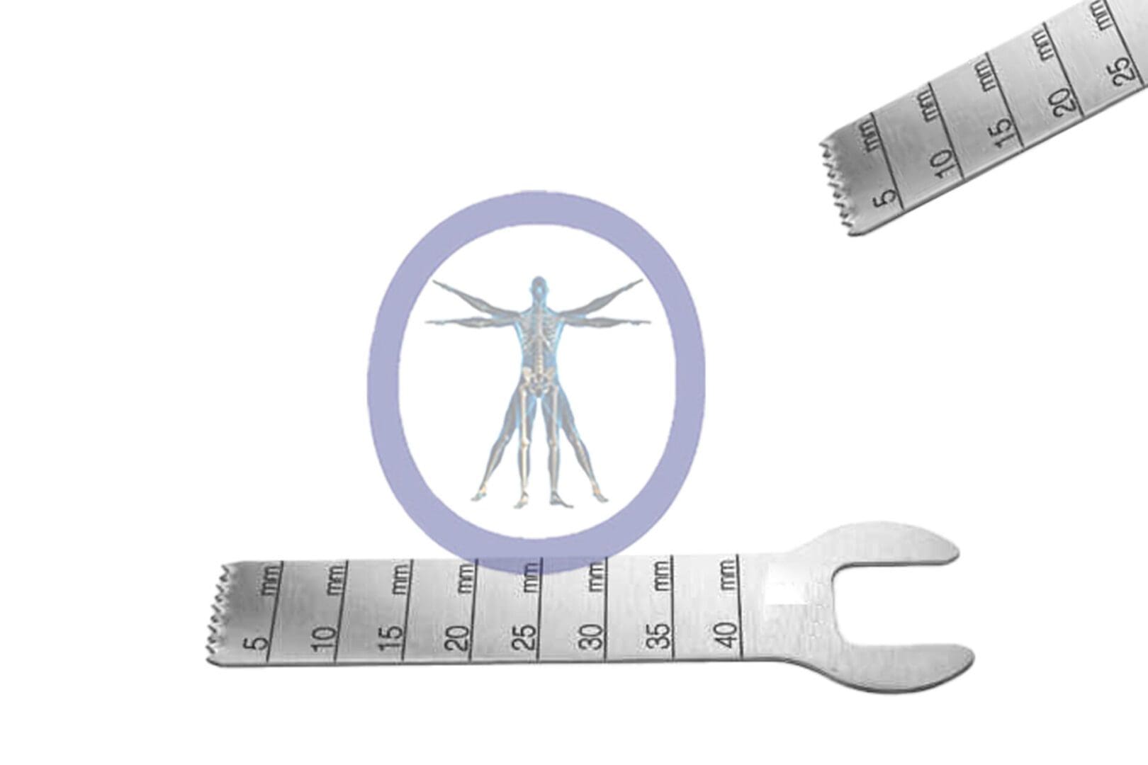 Illustration depicting a 40.0 MM X 9.5 MM X 0.64 MM Small Bone Sagittal Blade – 3M Micro Hub – OSSOK-154 inside a circle, accompanied by a measuring tape and a wrench, symbolizing health metrics and tools.