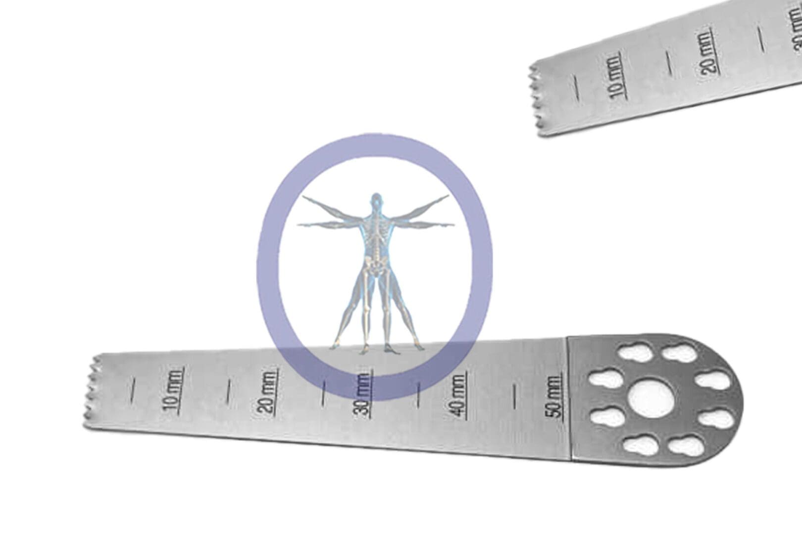 0.0 MM X 9.1 MM X 0.62 MM Small Bone Sagittal Blade – 3M Micro Hub – OSSOK-5009 illustration centered within a purple circle, flanked by two metal rulers on a light background.