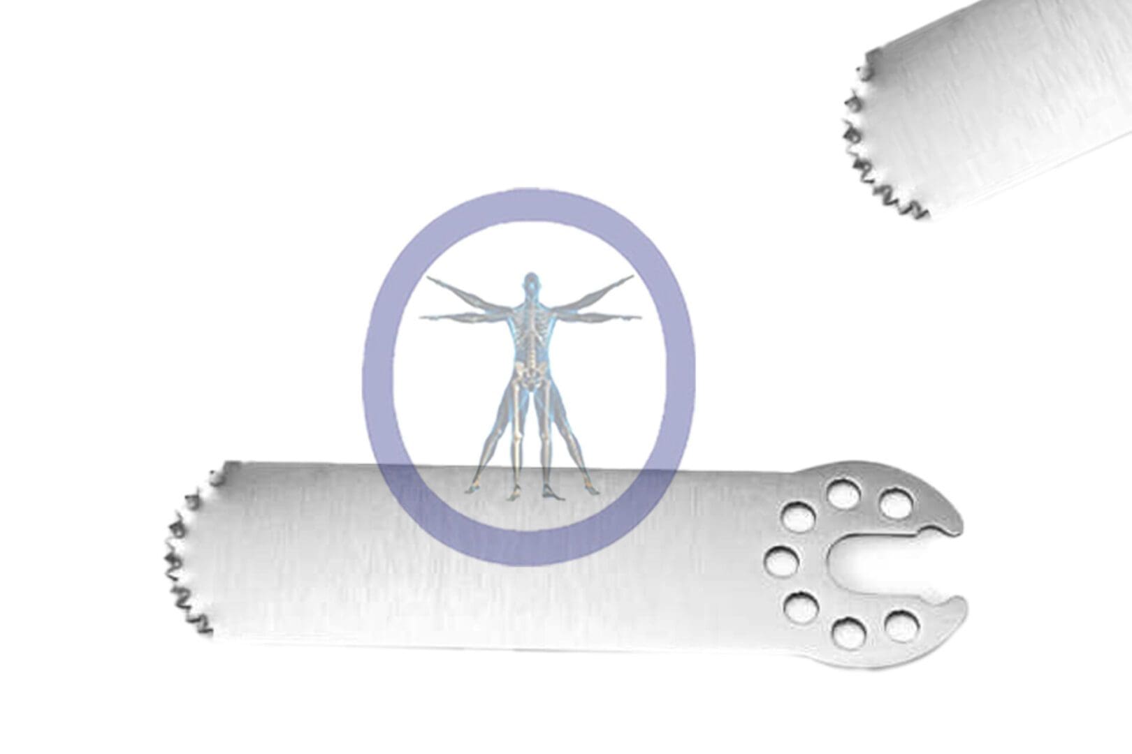 Illustration of the 26.0 MM X 10.0 MM X 0.57 MM Small Bone Oscillating Blade Osteomed Style – OSSOM-1028 inside a purple circle, superimposed on a metallic gear with sawtooth edges.